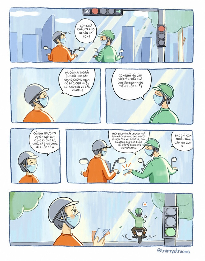 Sau khi chia sẻ bộ tranh lên mạng, Vy nhận được tin nhắn từ một bạn trẻ đang tham gia tình nguyện chống dịch. “Bạn ấy muốn có bức tranh làm kỷ niệm nên mình vẽ tặng. Mình khá bất ngờ và vui khi tranh của mình có thể lan tỏa điều tích cực trong thời điểm khó khăn”, nữ sinh kiến trúc chia sẻ.