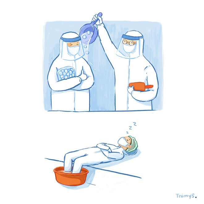 Đó là chuyện các y, bác sĩ chống dịch tại Bắc Giang phải đổ đá lên người hay ngất xỉu vì nắng nóng; em bé 3 tuổi ở khu cách ly tập trung vì bố mẹ, anh chị đều là F0 hay những bạn trẻ Sài Gòn nấu cơm từ thiện. Mỗi bức tranh được Vy hoàn thành trong một buổi.