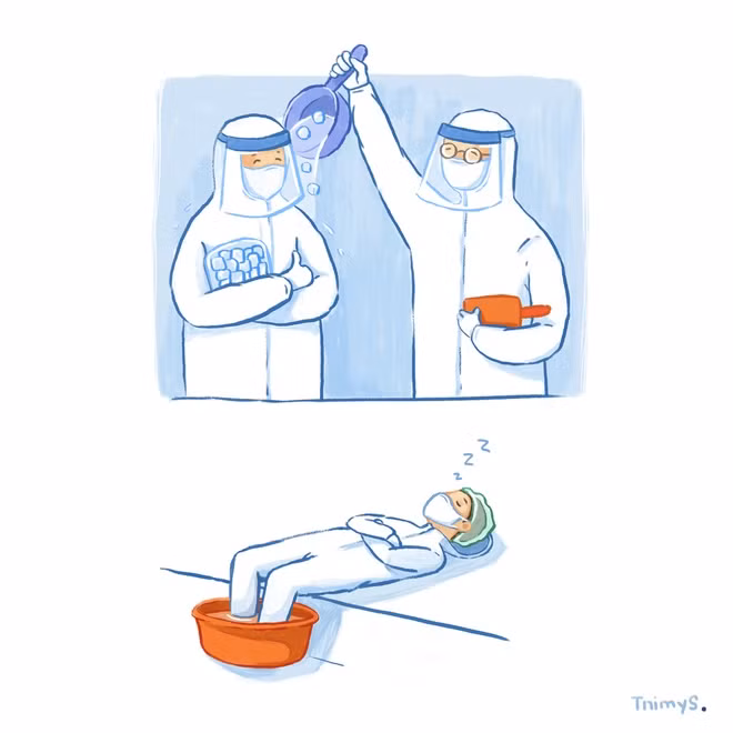 Đó là chuyện các y, bác sĩ chống dịch tại Bắc Giang phải đổ đá lên người hay ngất xỉu vì nắng nóng; em bé 3 tuổi ở khu cách ly tập trung vì bố mẹ, anh chị đều là F0 hay những bạn trẻ Sài Gòn nấu cơm từ thiện. Mỗi bức tranh được Vy hoàn thành trong một buổi.