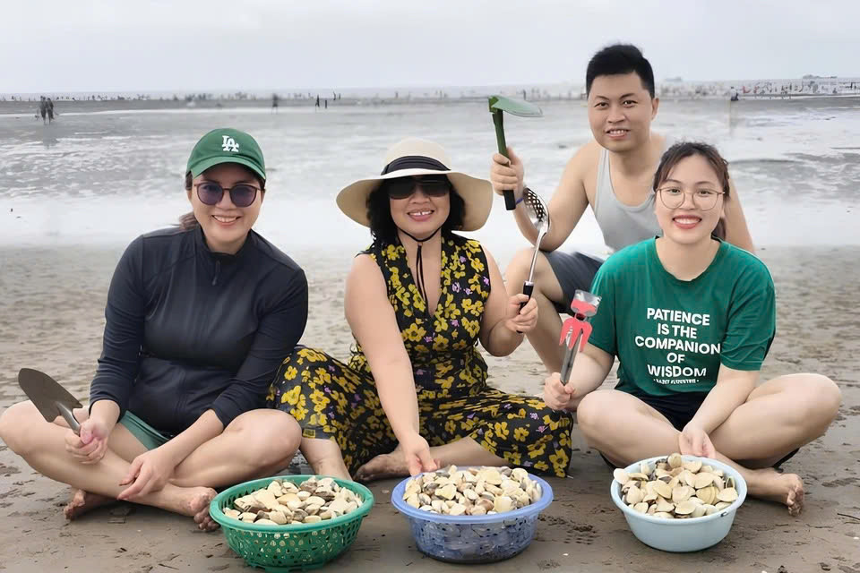 Trên các nền tảng mạng xã hội, hàng loạt hình ảnh du khách đội nón, lội biển, xách rổ đầy ắp ngao được chia sẻ rầm rộ. Ảnh Beat Hải Phòng