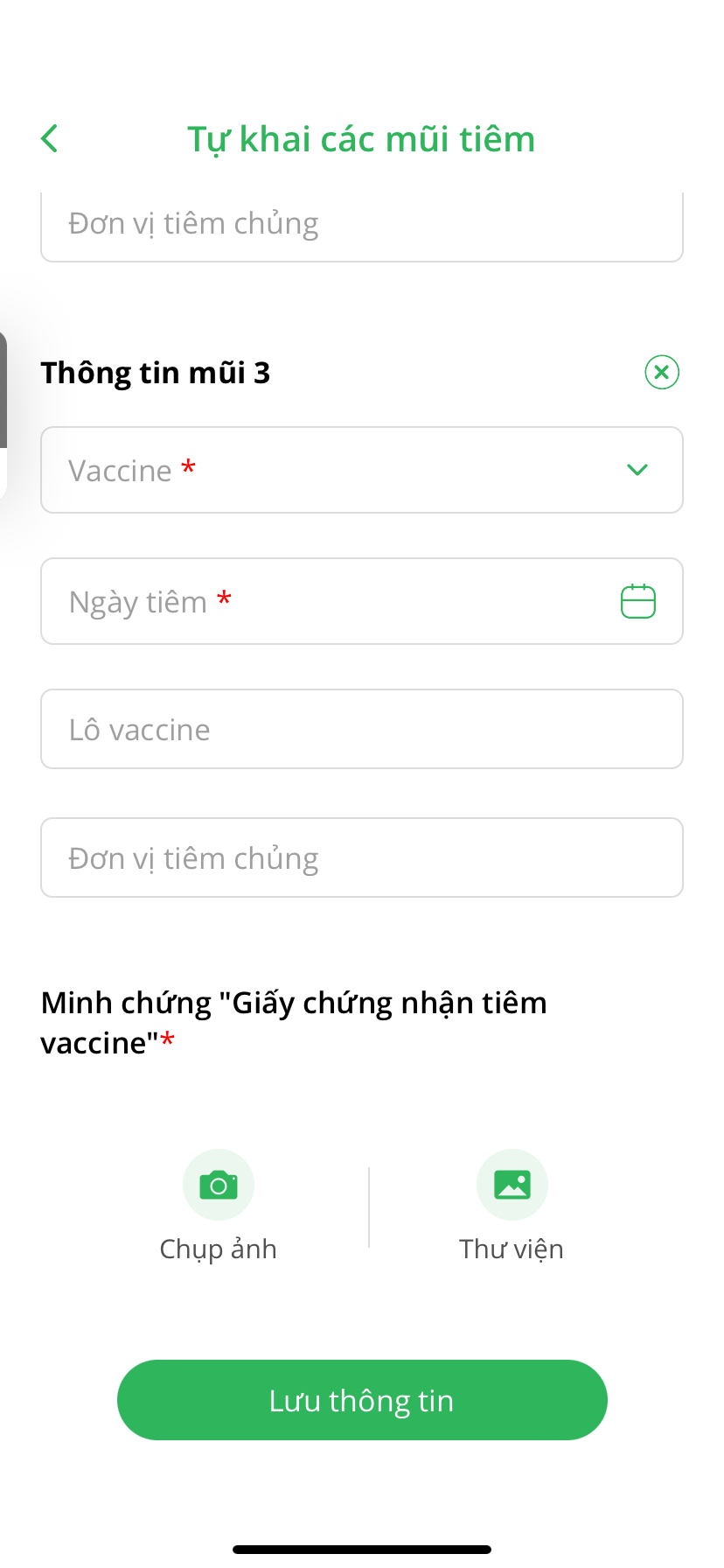 Thông tin hợp lệ cần đính kèm ảnh chụp của Giấy chứng nhận tiêm vắc xin.