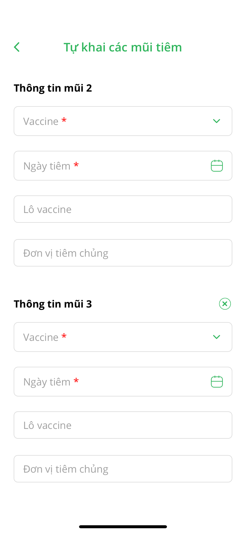 Cụ thể, với các mũi tiêm vắc xin COVID-19, trong trường hợp dữ liệu chưa đúng hoặc chưa đủ, người dùng có thể vào mục mũi tiêm, chọn thẻ Tự khai tiêm vắc xin &gt; Sửa thông tin mũi tiêm và điền tên loại vắc xin, ngày tiêm.