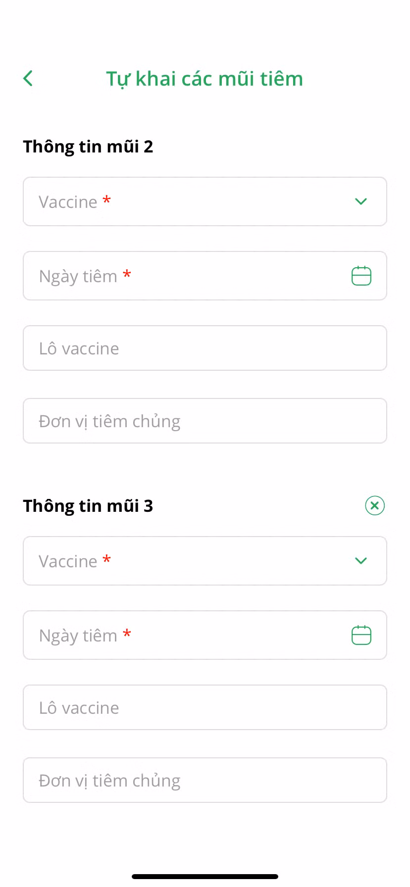 Cụ thể, với các mũi tiêm vắc xin COVID-19, trong trường hợp dữ liệu chưa đúng hoặc chưa đủ, người dùng có thể vào mục mũi tiêm, chọn thẻ Tự khai tiêm vắc xin > Sửa thông tin mũi tiêm và điền tên loại vắc xin, ngày tiêm.