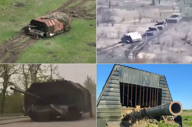 Nga cũng đã nâng cấp xe tăng T-72 của mình với lớp giáp mới gọi là “áo giáp siêu lồng”, có mái và lưới kim loại. Mạng xã hội Ukraine gọi những chiếc xe tăng này là “xe tăng rùa”, trong khi truyền thông Nga gọi chúng là “Sa hoàng Mangal”, “Bữa tiệc BBQ của Sa hoàng” hay “kẻ chinh phục Krasnohorivka”. Mục đích của các biện pháp đối phó này là kích hoạt sớm các vụ nổ của máy bay không người lái, giảm nguy cơ đạn xuyên qua thân tàu.