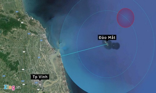 Vị trí nghi vấn máy bay Su-30Mk2 số hiệu 8585 gặp nạn - cách đảo Mắt chừng 14 hải lý về phía đông bắc. Đồ họa: Nguyên Anh/GoogleMaps.