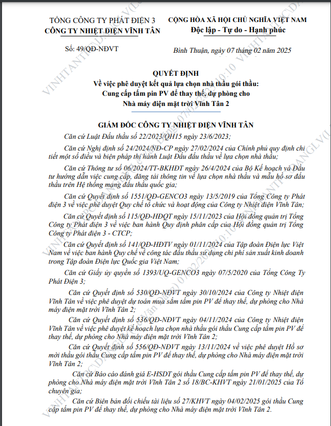 Nhiet dien Vinh Tan: Lien danh Minh Thanh Triet-Hung Viet cung cap 682 tam pin quang dien