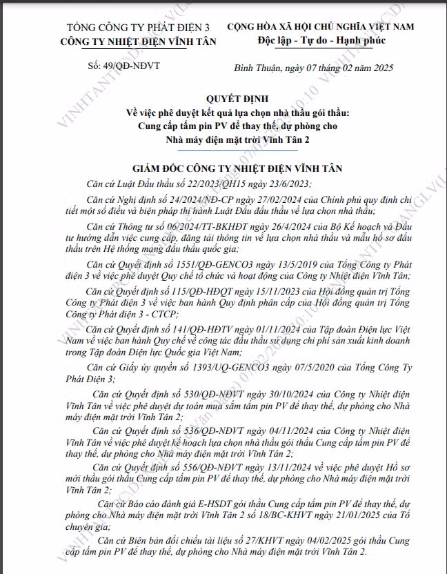 Nhiet dien Vinh Tan: Lien danh Minh Thanh Triet-Hung Viet cung cap 682 tam pin quang dien