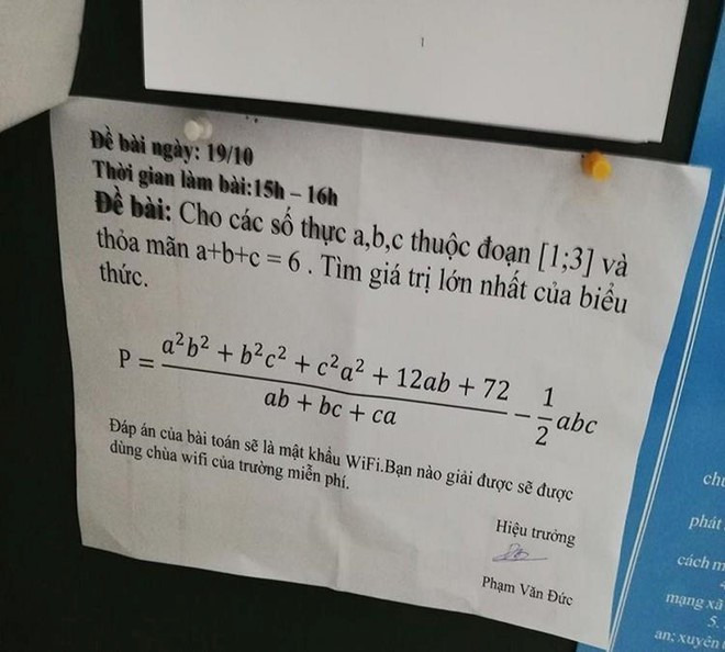 Hình ảnh của học sinh trường THPT Nguyễn Công Trứ (An Giang) đăng về đề Toán trên một diễn đàn. Điều đặc biệt, đề bài này không phải bài tập về nhà hay đề thi mà chính là câu đố dành cho những học trò muốn sử dụng wifi miễn phí ở trường.