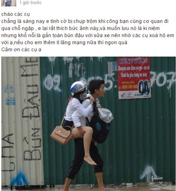 Bức ảnh một anh chàng cõng cô bạn đồng nghiệp qua chỗ ngập trở thành tâm điểm chú ý của cộng đồng, đặc biệt là khi nó được tung lên diễn đàn nhờ xóa các dòng chữ quảng cáo trong ảnh để giúp bức ảnh thêm lãng mạn hơn.