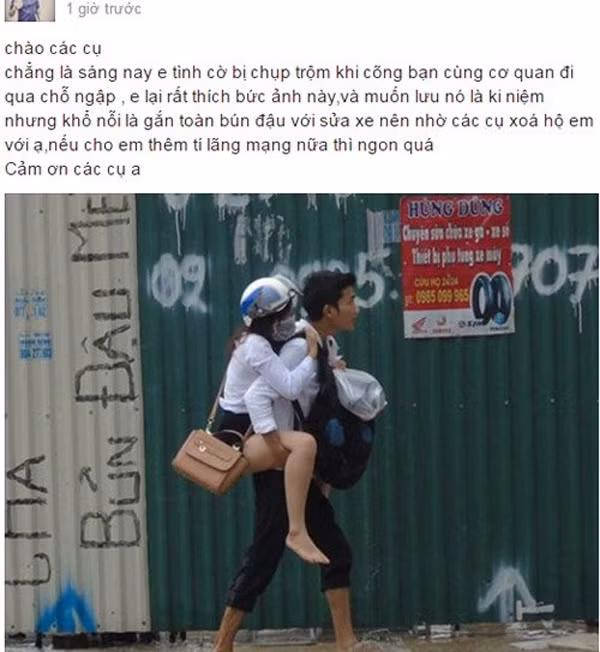 Bức ảnh một anh chàng cõng cô bạn đồng nghiệp qua chỗ ngập trở thành tâm điểm chú ý của cộng đồng, đặc biệt là khi nó được tung lên diễn đàn nhờ xóa các dòng chữ quảng cáo trong ảnh để giúp bức ảnh thêm lãng mạn hơn.