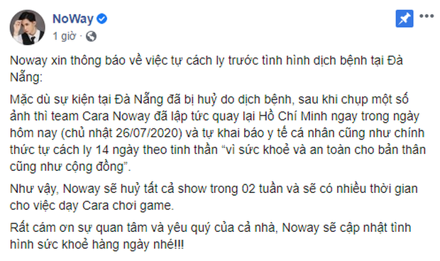 Theo chia sẻ trên trang cá nhân của Cara Phương lẫn Noway, cặp đôi này hiện tiến hành tự cách ly tại nhà sau chuyến đi công tác Đà Nẵng.
