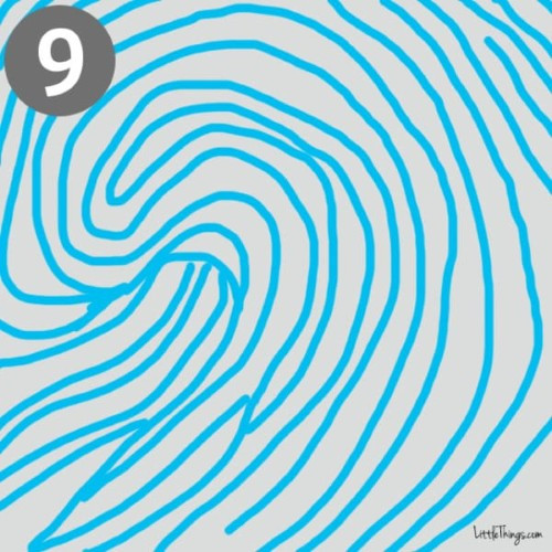 9. Làn sóng: Những người có vân tay có hình những đường tròn xếp lên nhau tạo nên hình làn sóng thủy triều thường là những người dễ thích nghi, rất linh hoạt trong công việc, giao tiếp và khả năng phối hợp làm việc tốt. Họ rất tinh ý, có trách nhiệm và rất vui tính.