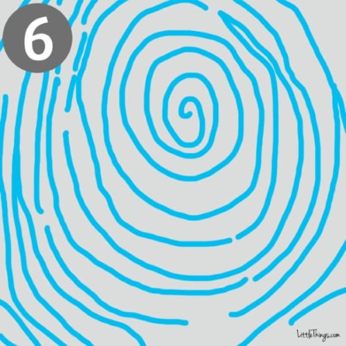 6. Hình xoắn ốc: Những người có vân hình xoắn ốc bắt đầu từ trung tâm và di chuyển ra phía ngoài, có hai tam giác điểm là những người có tính cách phóng khoáng, thích tự do, thường hành động theo trái tim mách bảo. Họ rất mơ mộng, nhạy cảm và giàu cảm xúc, biết quan tâm đến người khác và yêu thích động vật.