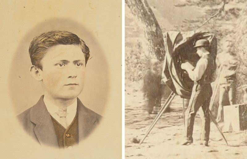 Nhiếp ảnh gia Burger và Moser đến Nhật Bản vào năm 1869 nhằm thiết lập quan hệ ngoại giao giữa hai nước. Trong khi ông Burger - nhiếp ảnh gia chính thức của chuyến đi ở Nhật Bản trong vài tháng thì ông Moser (khi ấy 16 tuổi và làm trợ lý cho Burger) ở lại xứ sở hoa anh đào trong 6,5 năm. Hai người đã chụp ảnh và sưu tầm bức hình về Nhật Bản. Sau khi rời Nhật Bản, họ mang theo hàng trăm tấm kính âm bản. Bức ảnh bên trái chụp chân dung nhiếp ảnh gia Moser khi ở Nhật Bản. Tấm ảnh bên phải chụp ông Moser đang thực hiện tráng phim âm bản trong một phòng tối di động.