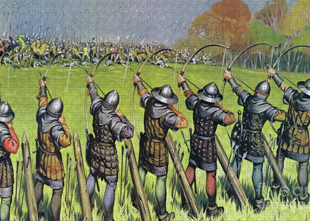 Cung thủ Anh lần nữa tiếp tục trút "cơn mưa tên" vào các kỵ sĩ Pháp đang vất vả vượt qua khu vực lầy lội. Nhờ vậy, quân Anh tiêu diệt thêm một phần sinh lực địch.