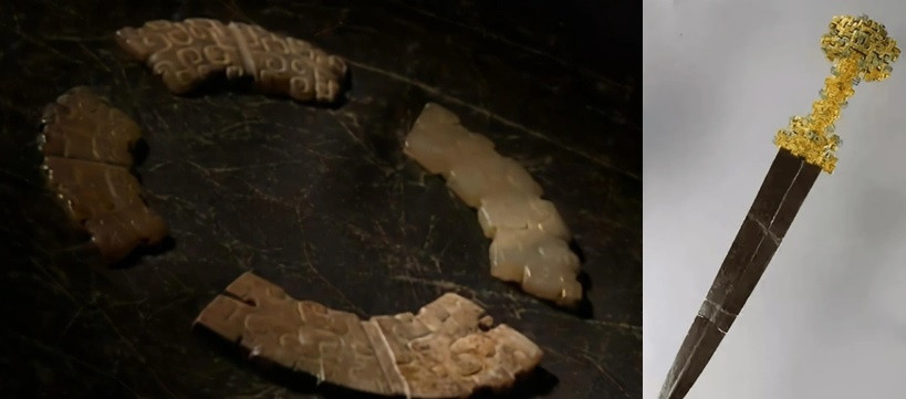 Trong số này, nổi bật là chuôi kiếm được khảm khắc nhiều hạt ngọc lam. Lưỡi kiếm được rèn bằng sắt. Với phát hiện bảo vật này, các chuyên gia suy đoán ngôi mộ có thể có niên đại vào thời Xuân Thu.