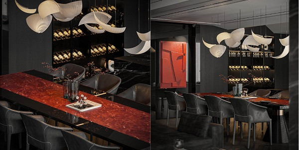 Để thu hút sự chú ý, đội ngũ thiết kế, thi công đã kết hợp tone trầm của biệt thự với sắc đỏ sơn hiệu ứng, mang đến một màu sắc nổi bật cho không gian. 