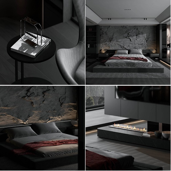 Không gian sắc nét, huyền bí của phòng ngủ master. 