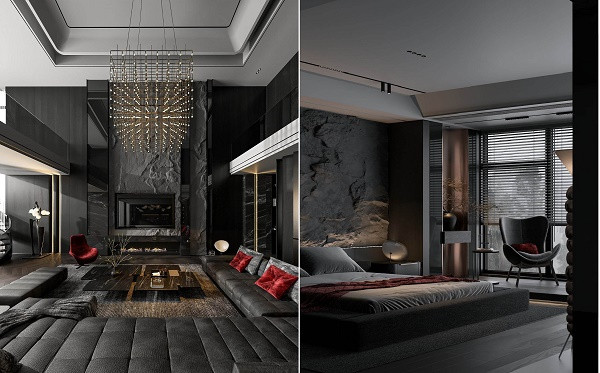 Tuy nhiên, để ngôi nhà của gia chủ có sự độc đáo, hòa nhịp với thiên nhiên kiến trúc sư sử dụng mảng đá nhân tạo thô sơ ở vách ti vi và đầu giường làm điểm nhấn cho công trình. 