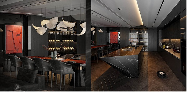 Các sắc thái lặp đi lặp lại của màu đỏ có thể được nhìn thấy một lần nữa trên nội thất và các tấm tường, tạo ra cảm giác ấm áp cho căn hộ mà không làm mất đi sự tinh tế và giai điệu bí ẩn. 