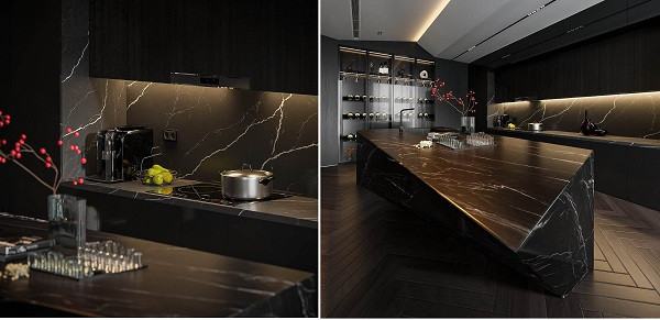 Bàn đảo đá vân màu đen tạo khối độc đáo, là điểm nhấn của khu bếp. 