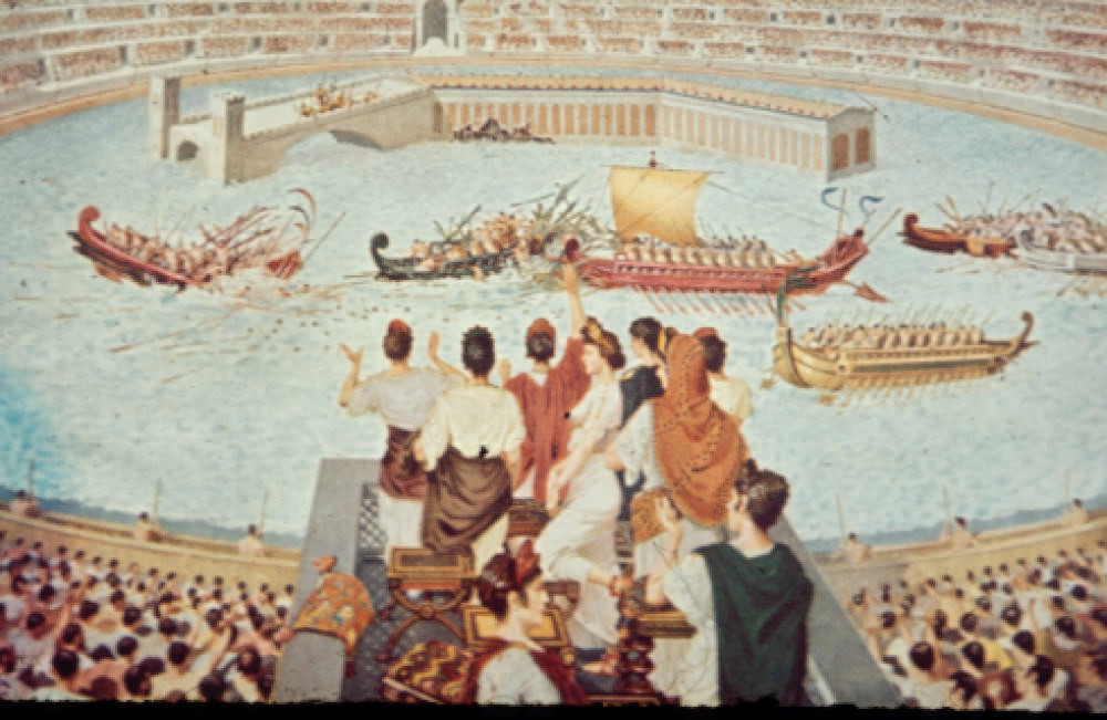 Khi ấy, máu của những người tham gia môn thể thao Naumachia sẽ thấm đẫm các khoang tàu và khiến mặt nước chuyển sang màu đỏ. Do vậy, mọi tù nhân, nô lệ đều cố gắng giành chiến thắng nếu không muốn bị giết chết.