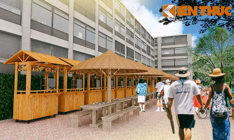 Phối cảnh phố hàng rong tại Công viên Bách Tùng Diệp. Nhờ không gian rộng, khu vực này được thiết kế thêm bàn ghế, mái che để phục vụ thực khách. Khu vực buôn bán dự tính dài 30 m, dành cho 15 hộ kinh doanh.