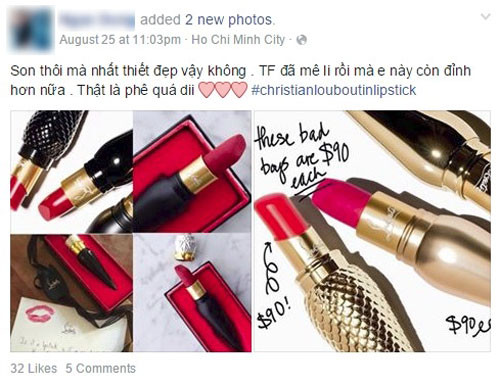 Hiệu ứng mà thỏi son Christian Louboutin sang chảnh tạo ra còn vượt qua cả một cơn bão về thời trang. Thỏi son làm điên đảo bao cô gái Việt, làm nảy sinh nhiều câu chuyện hài hước, nực cười, phô ra vô số kiểu người với nhiều cách quan tâm, bình luận về nó rất khác nhau.