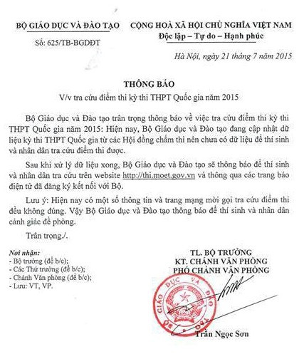 Công văn của Bộ GD&ĐT về tra điểm thi THPT quốc gia.