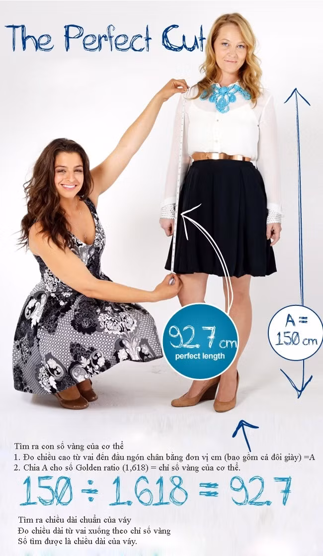 Bạn có thể dựa vào công thức trên đây để tìm ra chiều dài váy chuẩn của mình. Đây là bí quyết cơ bản giúp kéo dài đôi chân, giúp đôi chân trông thon hơn. 