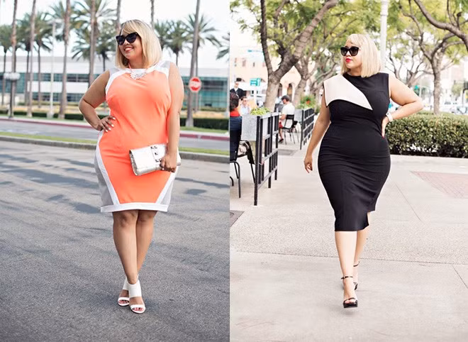 Đầm ôm sát cũng hiện diện nhiều trong tủ đồ của cô gái ngoại cỡ nổi tiếng thế giới. Để thật tự tin với các thiết kế này, bạn nên chọn thiết kế có nhấn nhá 3D dọc thân váy giúp cơ thể gọn hơn. Hoặc tận dụng nét đẹp vừa chất lừ vừa đẳng cấp của kiểu đầm chỉ 2 màu đen và trắng.