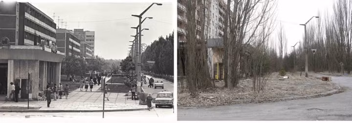 Những con đường tấp nập người qua lại chỉ còn là dĩ vang của thành phố Pripyat sau thảm họa hạt nhân, bởi cuộc sống ở vùng đất chết này giờ đây chỉ còn những cái cây khô cháy và những tòa nhà cũ kỹ, bụi phủ rêu phong qua thời gian.