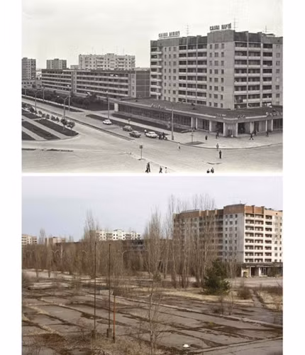 Trung tâm thành phố Pripyat trước thảm họa hạt nhân và cảnh tượng đối lập ở đó sau khi vụ nổ diễn ra.