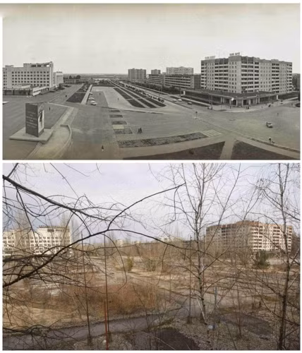 Thảm họa hạt nhân Chernobyl xảy ra vào năm 1986 đến nay vẫn là nỗi kinh hoàng với nhân loại và gây ra hậu quả nặng nề cho thành phố Pripyat của Ukraine cũng như các khu vực xung quanh. Trong ảnh là cảnh tượng đối lập của một con đường lớn tại Pripyat trước và sau khi thảm họa diễn ra.