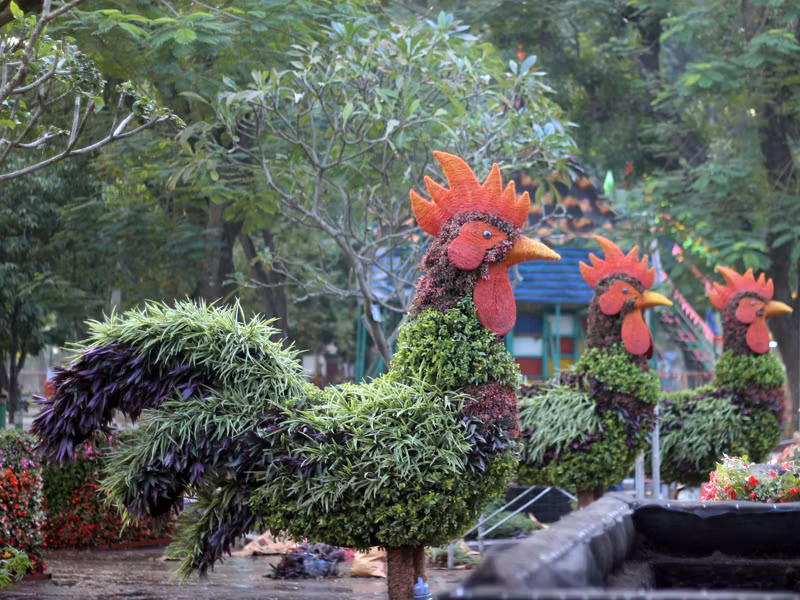 Trong số 12 con giáp đang được tạo hình, nổi bật nhất là ba con gà trống có bộ lông màu xanh lá cây, đuôi màu tím và mào gà đỏ chót.