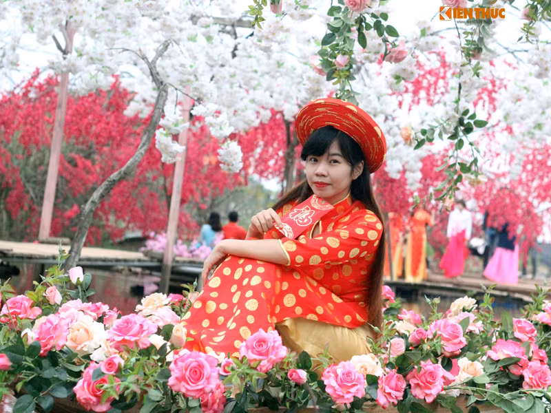 Cô gái xúng xính trong tà áo dài truyền thống với màu sắc rực rỡ, tươi sáng nở miệng cười chúm chím bên những cánh hoa ở Nhật Tân.