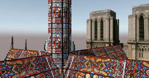 Alexandre Fantozzi của AJ6 Studio trình bày một thiết kế rực rỡ, đậm dấu ấn màu sắc của nhà thờ Đức Bà. Vào buổi tối, ánh sáng bên trong chiếu vào phần mái kính, tạo ra hình ảnh kính vạn hoa rực rỡ, độc đáo trên bầu trời đêm. "Một yếu tố duy nhất được sử dụng là kính màu. Để tỏ lòng tôn kính với tôn giáo, lịch sử của Nhà thờ Đức Bà, chúng tôi không khai thác kiến trúc đương đại ", Alexandre Fantozzi chia sẻ. Ảnh: Alexandre Fantozzi.