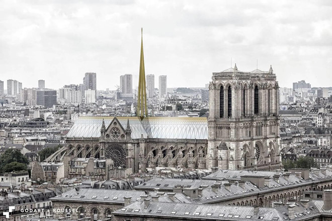 Đại diện của Studio Nab hy vọng sẽ xây dựng lại mái nhà như một nhà kính chứa những tổ ong, là nơi sinh sống của hơn 180.000 con ong mật sống sót sau vụ cháy nhà thờ Đức Bà. Nếu ý tưởng được chọn, khu bảo tồn thụ phấn sẽ được mở cửa, phục vụ như một trung tâm giáo dục cho công chúng. Ảnh: Studio Nab.