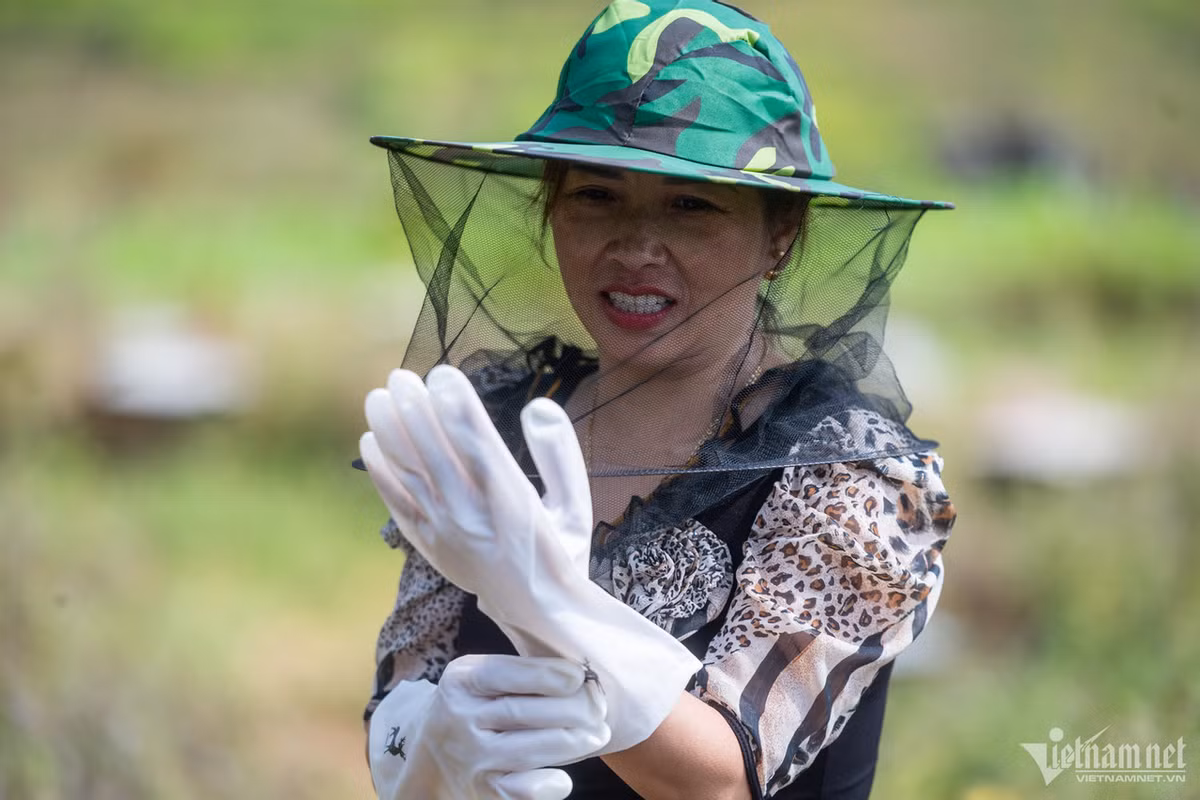 Chị Nguyễn Ánh Vân (huyện Đồng Văn) làm công việc khai thác mật nhiều năm nay. Đến nay, gia đình chị có 1.500 đàn ong với các điểm đặt ở xã Sủng Chánh và xã Lũng Phìn.