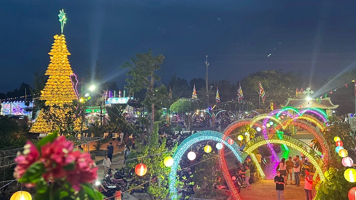 Cây thông Noel được trang trí từ 1.200 chiếc nón lá truyền thống ở giáo xứ Bến Bàu (Bạc Liêu), chiều cao 21m, với bốn tầng rực rỡ. Ảnh: Gia Minh
