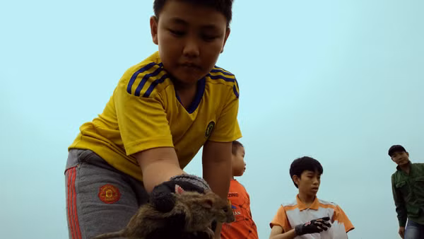 Em nhỏ hào hứng khoe "chiến lợi phẩm" mà mình vừa bắt được.