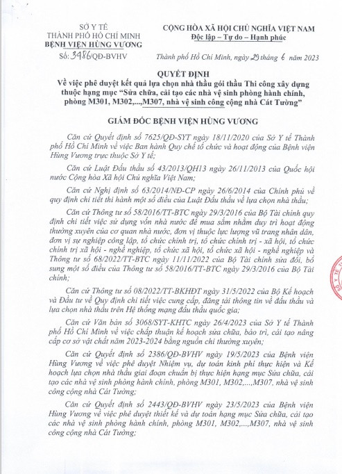 TP HCM: Cty Minh Tien 1 ngay trung 3 goi thau tai BV Hung Vuong