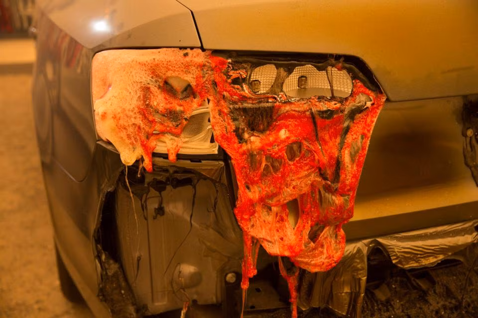 Đèn sau của chiếc ô tô tan chảy do sức nóng của đám cháy Camp ở Paradise.