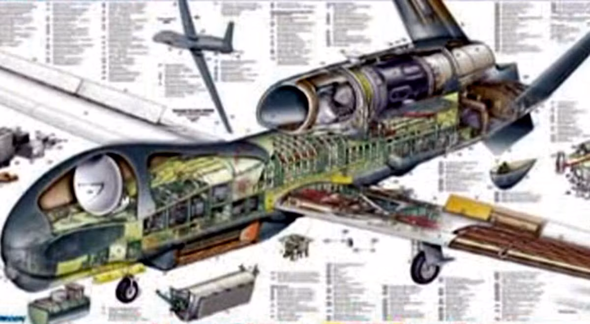 UAV do thám RQ-4B Block 40 Globle Hawk có sải cánh 39,9m, dài 14,5m, tải trọng cất cánh 14,5 tấn, tải trọng mang theo 1,3 tấn.