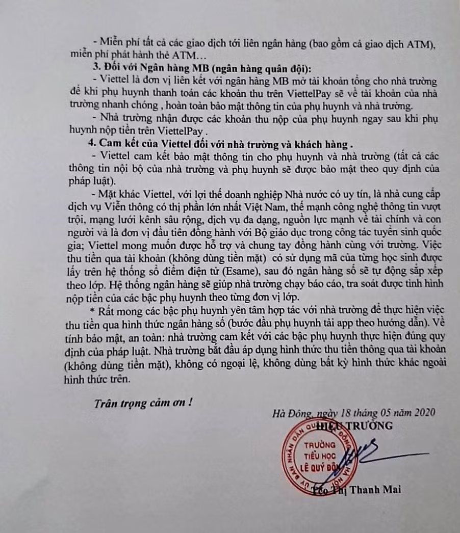 Truong tieu hoc Le Quy Don “ep” dong hoc phi qua Viettel Pay: Phu huynh buc xuc-Hinh-3