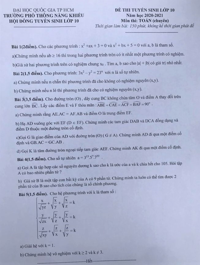 De thi Toan chuyen vao lop 10 truong Pho thong Nang khieu TP.HCM