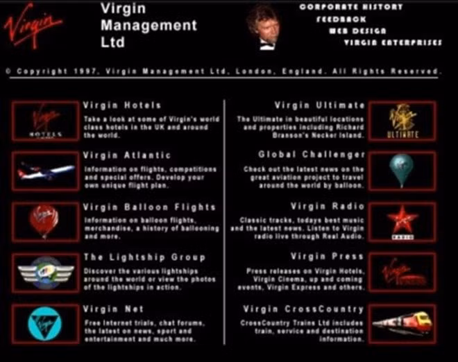 Trang web đầu tiên của Virgin Group khá tăm tối và dày đặc chữ.