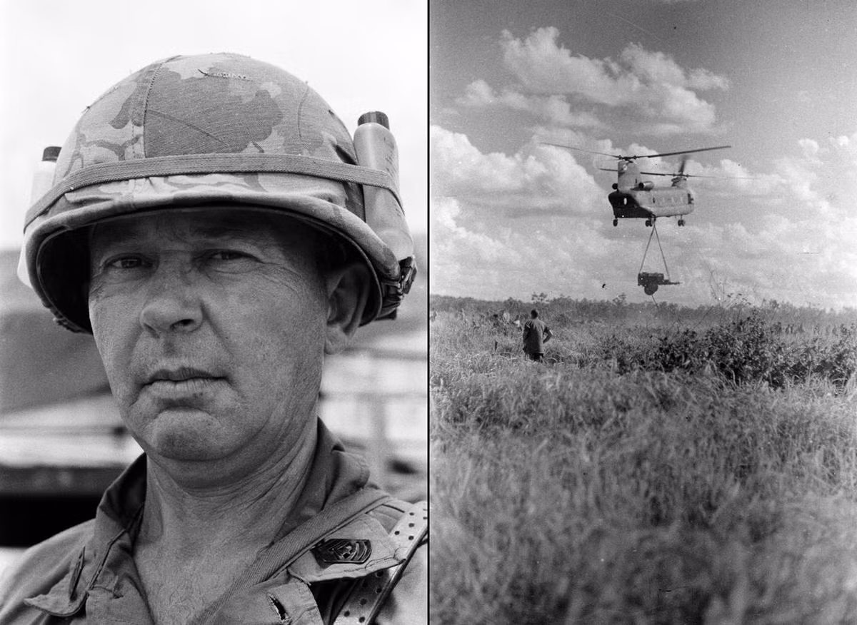 Bên trái ảnh là chân dung một lính Mỹ làm nhiệm vụ khi tham gia cuộc chiến tranh tại Việt Nam. Bên phải ảnh là trực thăng Chinook tiếp tế nước uống cho binh sĩ Mỹ.