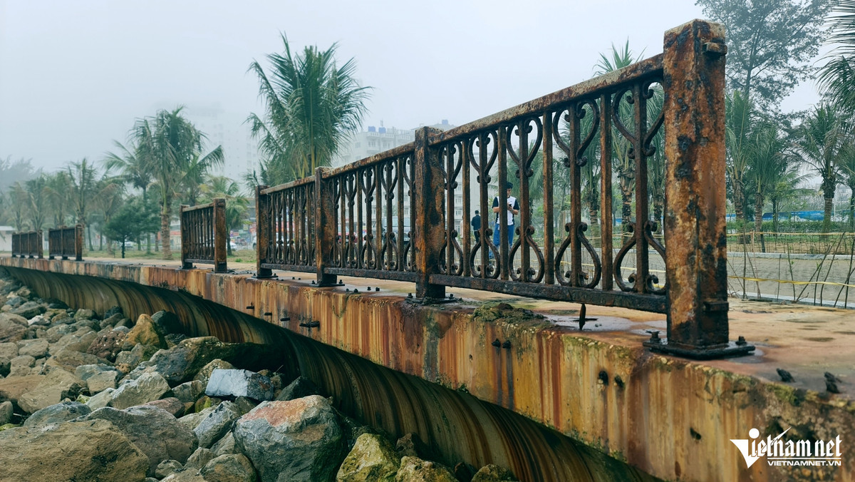 Theo ghi nhận của PV VietNamNet, trên tuyến đường đi bộ dọc bờ biển thuộc khu vực làng Chài, phường Quảng Cư, TP Sầm Sơn, hệ thống lan can bằng sắt (dài khoảng 1km) đang bị gỉ sét, xuống cấp nghiêm trọng.