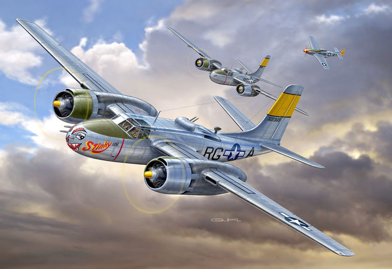 Máy bay ném bom A-26B cao 5,6m và dài 15,4m, trọng lượng là 15.875,7kg. Được trang bị nhiều loại vũ khí, bao gồm súng máy cỡ nòng 50, pháo tự động 20 hoặc 37mm, lựu pháo 75mm, 6 súng máy 12,7mm ở mũi, 2 súng máy 12,7mm ở lưng và bụng, 8 quả rocket 127mm và 2.721,5kg bom, sử dụng 2 động cơ 2.000 mã lực, dung tích bình nhiên liệu là hơn 3.000 lít, sải cánh máy bay là 21,3m.